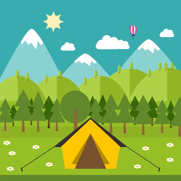 Am¡Amping ilustración en estilo plano. Vector de camping con la naturaleza alrededor. Vector de stock.