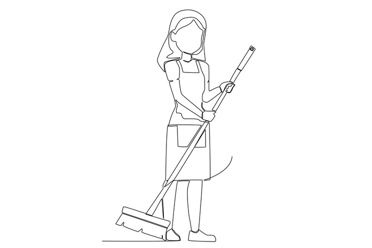 Vector un ama de casa barriendo el arte lineal del piso.