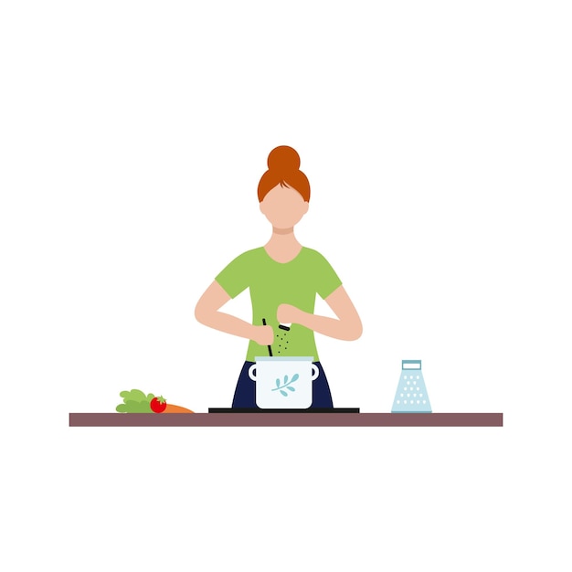 Un ama de casa está preparando sopa en la olla. Una mujer joven se dedica a cocinar. Carácter vectorial en un estilo plano.