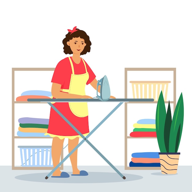 Ama de casa feliz planchando ropa