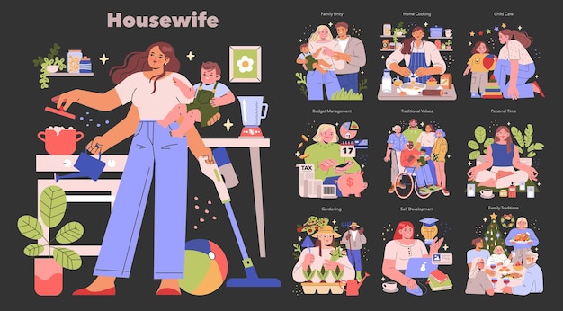 Ama de casa multitarea actividades diarias y cuidados familiares cocinar limpieza presupuestar y ocio