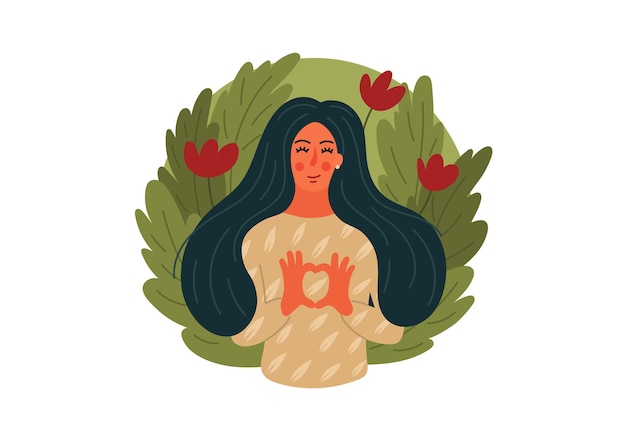 Vector ama la naturaleza. mujer haciendo forma de corazón con fondo de hojas verdes.