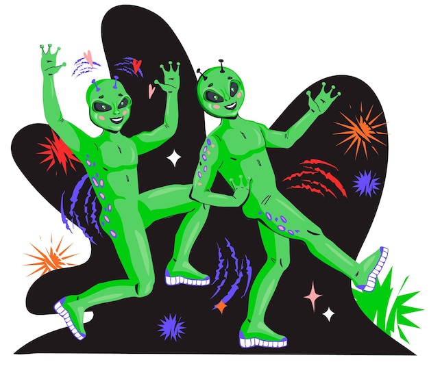 Amable alegre alienígena verde hombres en el espacio telón de fondo de dibujos animados ilustración vectorial plana aislado