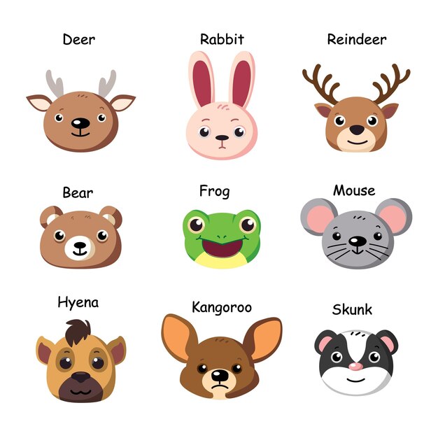 Amable conjunto de iconos de ilustraciones de caras de animales Colección de personajes de dibujos animados adorables
