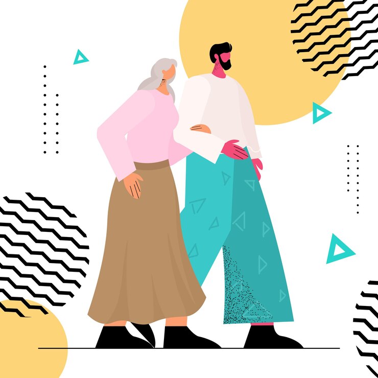 Vector amable enfermera o voluntario que apoya a una anciana joven caminando con la abuela ilustración vectorial de longitud completa