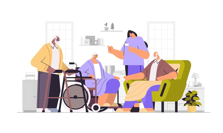 Vector amable enfermera o voluntario que apoya a personas de raza mixta de edad, servicios de atención domiciliaria, ilustración vectorial horizontal de salud de longitud completa