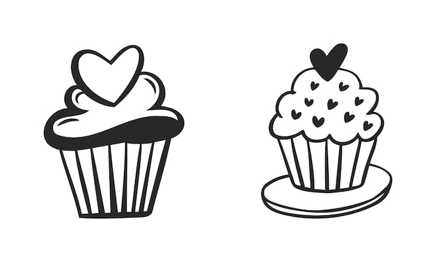 Amable icono de pasteles en blanco y negro con corazones para el diseño del día de San Valentín