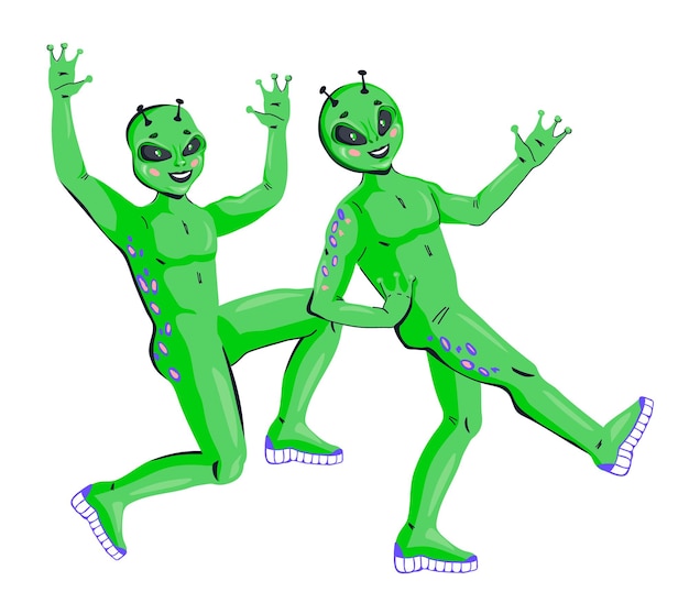 Amable sonriente extraterrestres dos personajes de fantasía humanoides verdes dibujos animados ilustración vectorial plana aislado sobre fondo blanco.