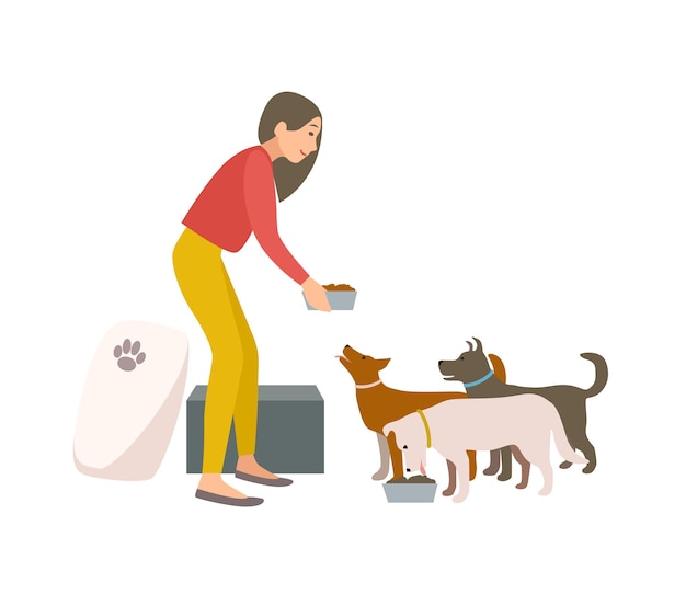 Amable voluntario hembra alimentando a los perros en un refugio de animales o en una perrera. Mujer joven dando comida a cachorros sin hogar aislado sobre fondo blanco. Ilustración de vector colorido en estilo de dibujos animados plana