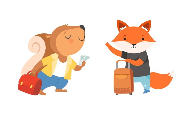 Amables animales bebés viajeros Conjunto de personajes divertidos de zorro y ardilla que van de viaje Ilustración vectorial de dibujos animados
