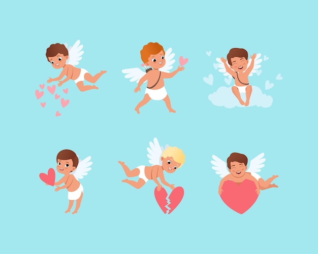 Amables Cupidos ángeles del amor Felices niños amur con alas y corazones rojos Ilustración vectorial