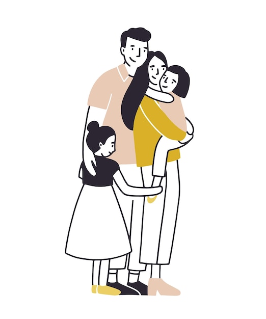 Amando familia. Padre, madre y dos hijas de pie juntos y abrazados.