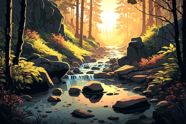 Amanecer en un bosque con ilustración de paisaje de vector de dibujos animados de flujo de río.
