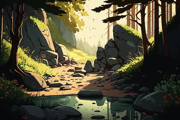 Amanecer en un bosque con ilustración de paisaje de vector de dibujos animados de flujo de río.