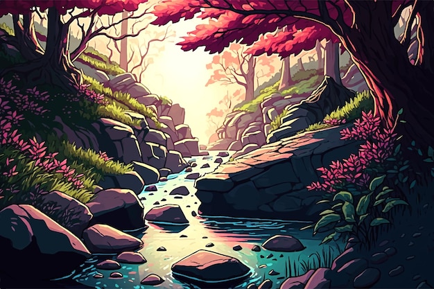 Vector amanecer en un bosque con ilustración de paisaje de vector de dibujos animados de flujo de río.
