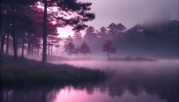 El amanecer brumoso sobre un lago púrpura en un bosque