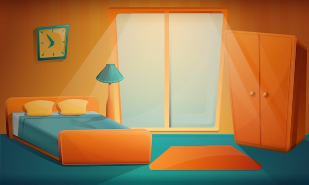 Vector amanecer en el dormitorio de dibujos animados, ilustración vectorial