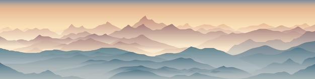 Amanecer en las montañas luz de la mañana y niebla ilustración vectorial panorámica