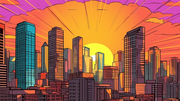 Vector amanecer y puesta de sol detrás de los edificios de la ciudad moderna ilustración vectorial de rascacielos paisaje paisaje urbano