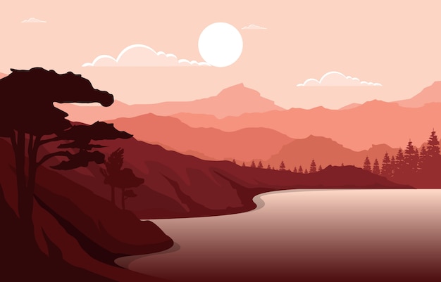 Amanecer Puesta de sol Montaña Bosque Naturaleza salvaje Paisaje Ilustración monocroma