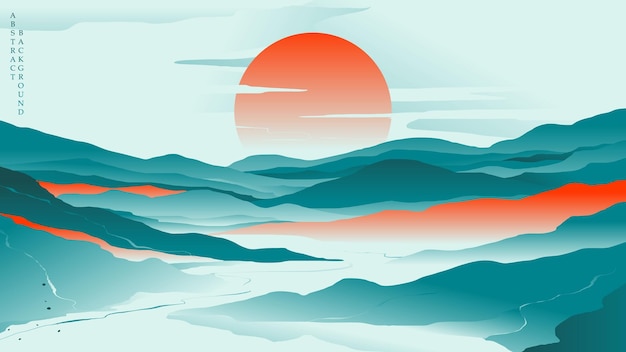 Vector amanecer sobre un paisaje de montaña abstracto en un estilo oriental abstracto