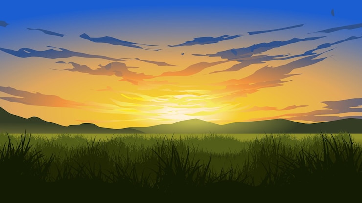 Vector amanecer temprano en la mañana sobre pradera con hierba en silueta