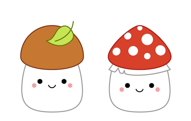 Amanita boletus Mushrooms Squishmallow Lindo peluche suave Almohada Dibujos animados kawaii vector