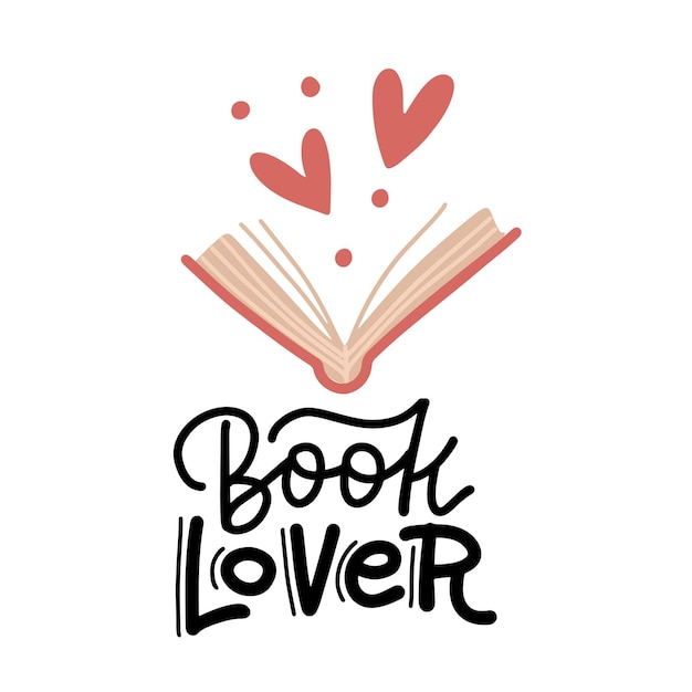 Vector amante de los libros - letras dibujadas a mano. signos de corazón y libro abierto.