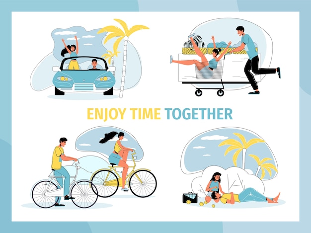 Amante de la mujer joven disfrutar del tiempo juntos. Linda pareja pasar tiempo al aire libre, divertirse en la tienda, relajarse en un picnic, viajar en coche o en bicicleta. Conjunto romántico. Concepto de estilo de vida de personas