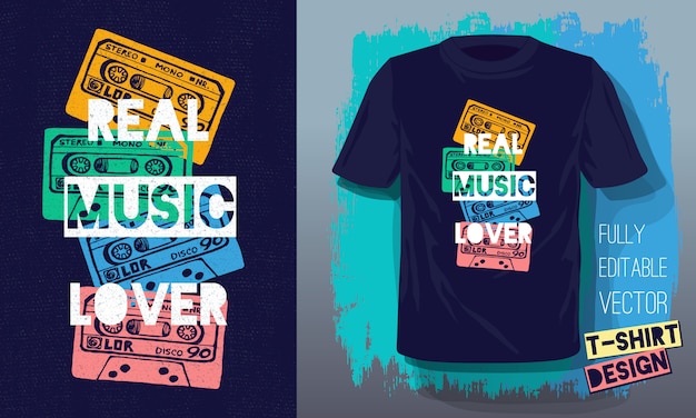 Amante de la música real lema de letras esbozo retro estilo cassette cinta para diseño de camiseta