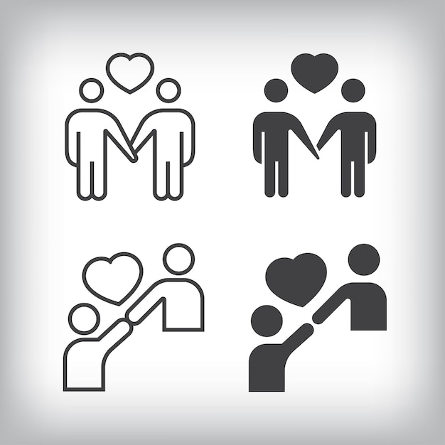 Amante y unión corazones diseño artístico sencillo lineal y plano conjunto artístico de iconos familiares