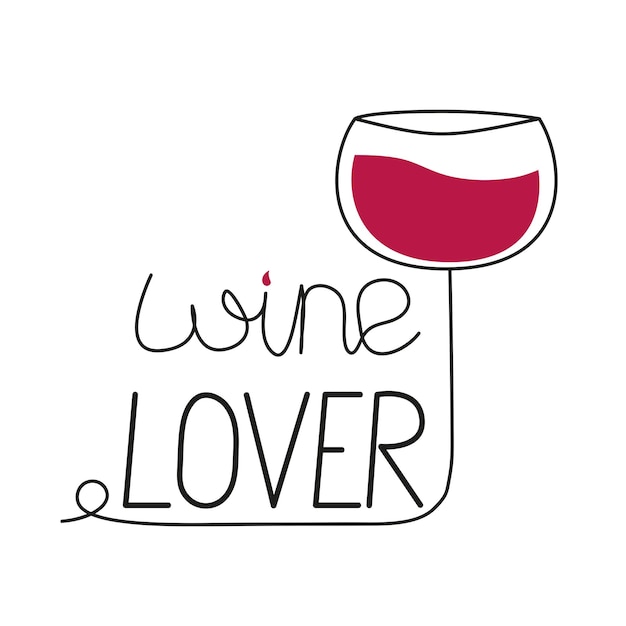 Amante del vino letras copa de vino ilustración minimalista en estilo de arte lineal dibujo a mano de una línea