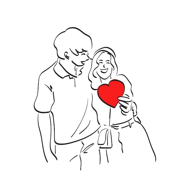 amantes del arte de línea con un corazón rojo ilustración vectorial dibujada a mano aislada sobre fondo blanco