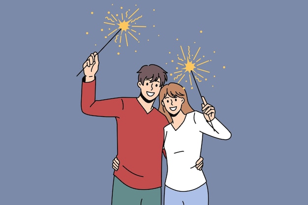 Los amantes de la feliz pareja con fuegos artificiales festivos abrazan abrazo celebran el año nuevo juntos. hombre y mujer sonrientes con luces disfrutan de la fiesta de navidad o celebración. vacaciones de invierno. ilustración vectorial.