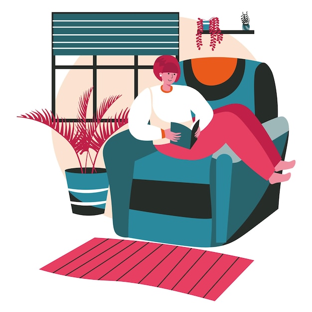 Amantes de la gente de la literatura con el concepto de escena de libros. la mujer lee el libro sentado en una silla acogedora en casa. actividades de aprendizaje, aficiones y ocio. ilustración de vector de personajes en diseño plano