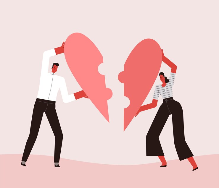 Vector los amantes, hombre y mujer, apilan su corazón como un rompecabezas. aislado sobre fondo blanco.