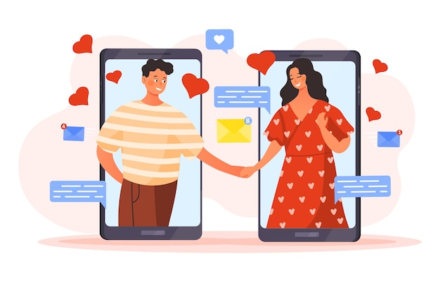 Vector amantes de hombre y mujer concepto de mensajes de texto hablando a través de llamada de video en línea en citas por teléfono móvil