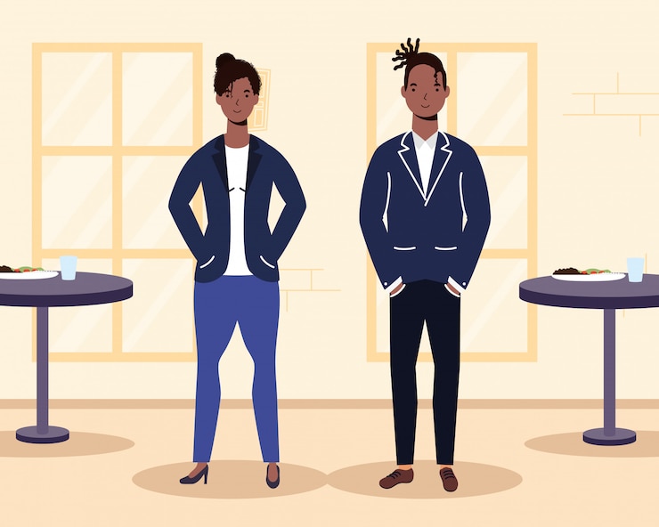 Vector amantes de la joven pareja afro en la escena del restaurante