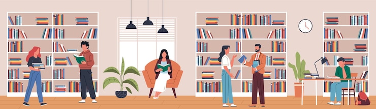 Vector los amantes de los libros felices en la biblioteca la gente elige la literatura sala de lectura obtener conocimiento productos impresos librería con estantería moderna escuela educación hoy en día concepto de dibujo animado vectorial plano