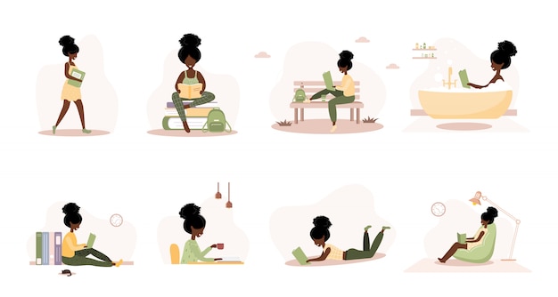 Amantes de los libros. Mujeres africanas de lectura con libros. Preparación para examen o certificación. Concepto de biblioteca de conocimiento y educación, lectores de literatura. Conjunto de ilustración vectorial en estilo plano.