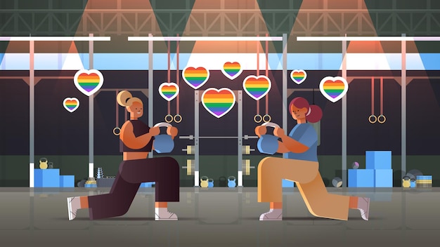 Amantes de las niñas haciendo ejercicios físicos con mancuernas lesbianas amor desfile transgénero lgbt concepto moderno gimnasio interior horizontal ilustración vectorial de longitud completa