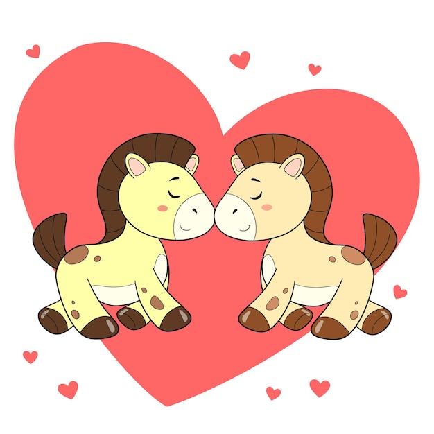 Amantes de los ponisCaballos de dibujos animados lindos en el fondo de corazonesDía de San ValentínTarjeta de San Valentín Postal