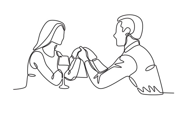 Amantes tomándose de la mano cena a la luz de las velas dibujo en línea