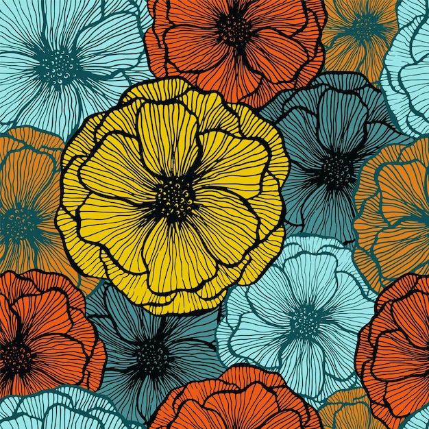 Amapola flor doodle floral vector patrón sin costuras verano fabr