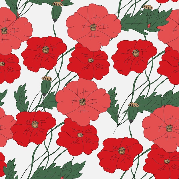 Amapolas dibujadas a mano coloridas flores de patrones sin fisuras