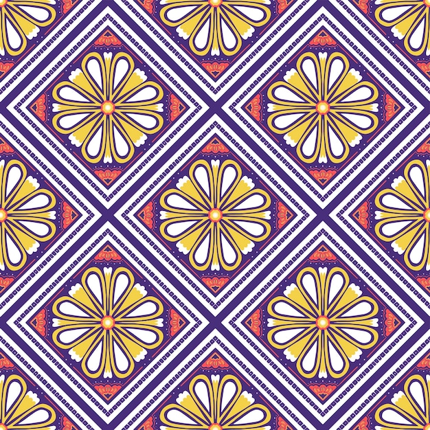 Amarillo blanco naranja sobre violeta patrón geométrico étnico oriental tradicional diseño para fondo alfombra papel tapiz ropa envoltura batik tela estilo de bordado de ilustración vectorial