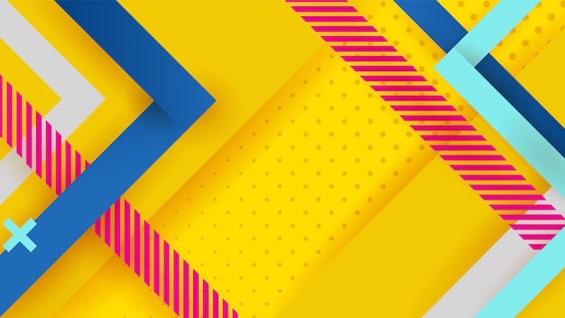 Amarillo brillante con un fondo azul con rayas geométricas.