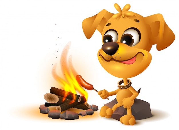 Amarillo divertido perro salchichas papas fritas en la hoguera