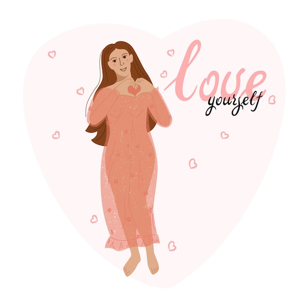 Vector Ámate a tí mismo. amo tu concepto de cuerpo. toma tiempo para ti mismo. ilustración vectorial. mujer abrazándose a sí misma con corazones sobre fondo blanco. colores suaves lindos de color rosa pastel