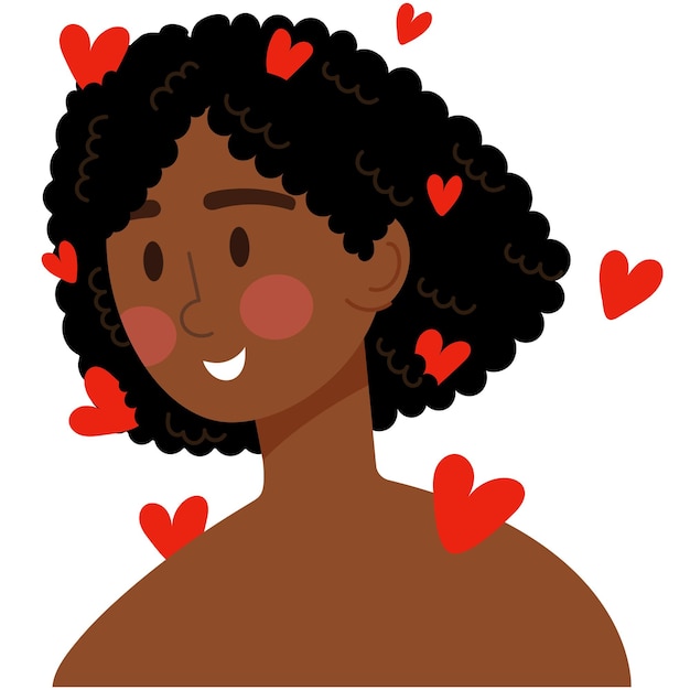 Vector Ámate a ti mismo concepto. chica, mujer con corazones en el pelo. enamórate. me encanta el concepto de tu cuerpo.